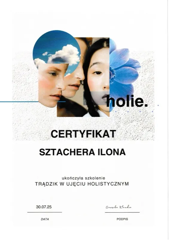 Certyfikat Holie. — ukończenie szkolenia Trądzik w ujęciu holistycznym, 30 lipca 2025