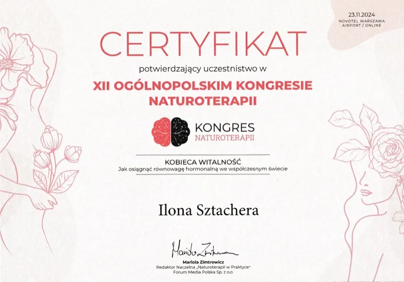 Certyfikat XII Ogólnopolskiego Kongresu Naturoterapii — Kobieca Witalność: jak osiągnąć równowagę hormonalną, 23 listopada 2024