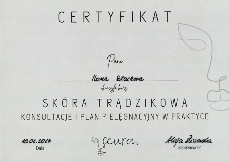 Certyfikat Scura — kurs Skóra Trądzikowa: Konsultacje i Plan Pielęgnacyjny w Praktyce, 10 lutego 2023