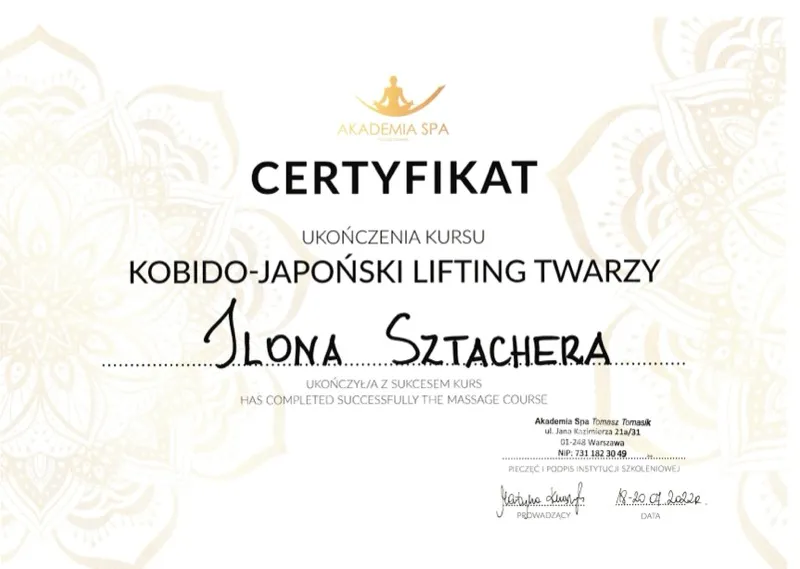 Certyfikat Akademia Spa — kurs Kobido: Japoński Lifting Twarzy, styczeń 2023