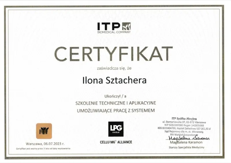 Certyfikat ITP Biomedical Company — Szkolenie Techniczne i Aplikacyjne umożliwiające pracę z systemem LPG Medical Cellu M6 Alliance, 6 lipca 2023