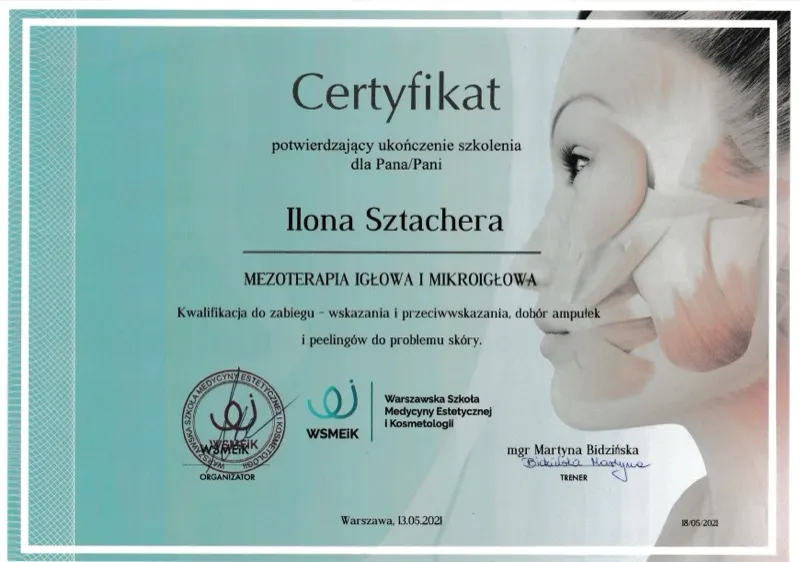 Certyfikat Warszawskiej Szkoły Medycyny Estetycznej i Kosmetologii — szkolenie Mezoterapia Igłowa i Mikroigłowa: wskazania, przeciwwskazania, dobór ampułek, 13 maja 2021