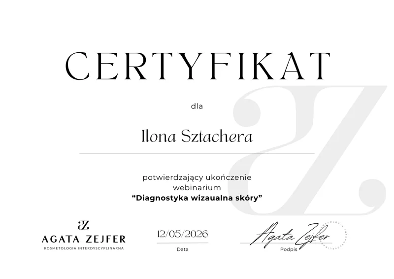 Certyfikat Agata Zejfer Kosmetologia Interdyscyplinarna — webinarium Diagnostyka wizualna skóry, 12 maja 2026