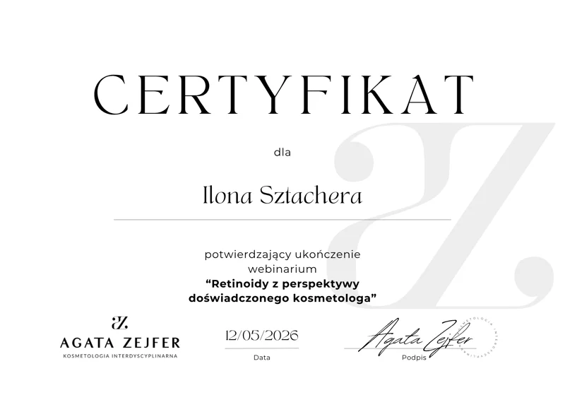 Certyfikat Agata Zejfer Kosmetologia Interdyscyplinarna — webinarium Retinoidy z perspektywy doświadczonego kosmetologa, 12 maja 2026