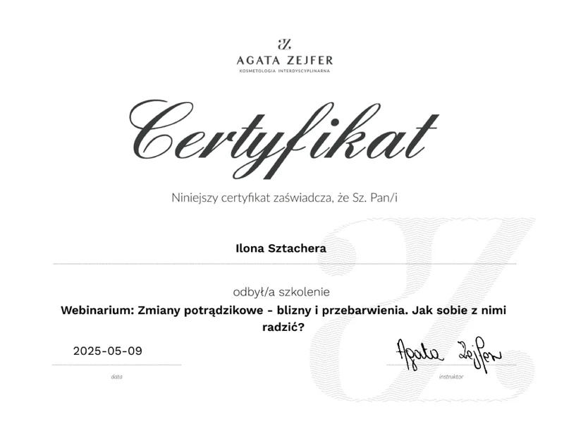 Certyfikat Agata Zejfer Kosmetologia Interdyscyplinarna — webinarium Zmiany potrądzikowe: blizny i przebarwienia. Jak sobie z nimi radzić?, 9 maja 2025